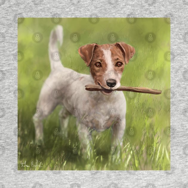 Painting of a Jack Russell Dog With a Stick in its Mouth Standing on a Green Grass by ibadishi